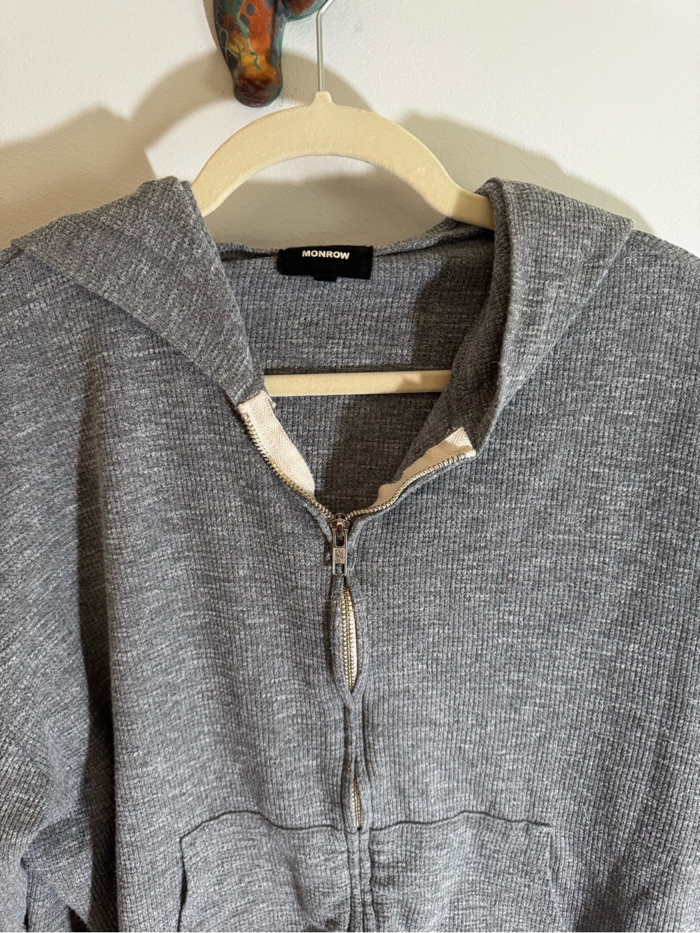 Monrow Grey Ribbed Original Zip Up Hoodie - Picture 10 of 11